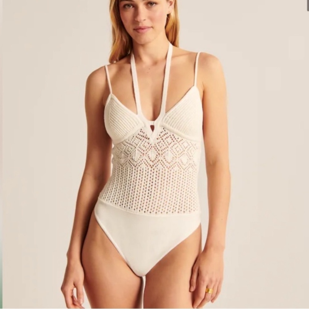 NWT Abercrombie Cream Crochet Stringy Halter Thong Bodysuit